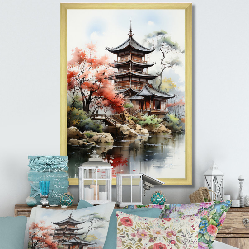 Tahshawn, art asiatique, pagode sereine IV - impression, H 32 po x l 24 po x P 1 po, Toile encadrée or simple