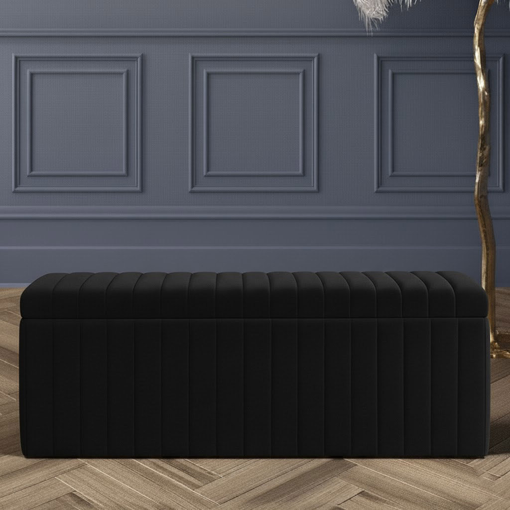 Lux Striped Wide Velvet Rectangle Solid Color Standard Ottoman Box with Storage
