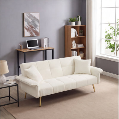 70.1" Convertible Futon Sofa Bed with Folding Armrests, Beige Teddy Velvet