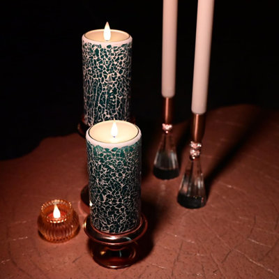 Blue Cracked Glass Flameless Pillar Candles - 3D Moving Flickering LED, Remote Timer & Battery Operated, Real Wax Interior for Home/Christmas Decor
