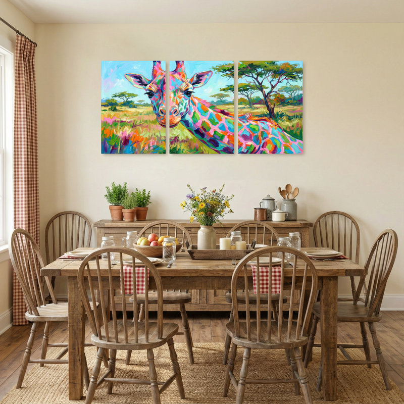 Animaux, girafe colorée, ensemble de 3 reproductions d'art sur toile, H 18 po x l 36 po