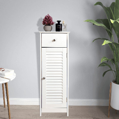 Armoire de salle de bain sur pied l 34,25 po x H 12,6 po x P 11,81 po, ensemble de rangement pour armoire de salle de bain avec tiroir et porte à un volet en bois, blanc