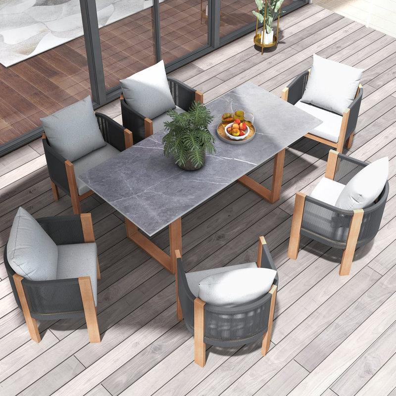 Ensemble repas d'extérieur 7 pièces avec chaises en corde tissée et plateau en faux marbre pour 6 personnes (70,9 po)