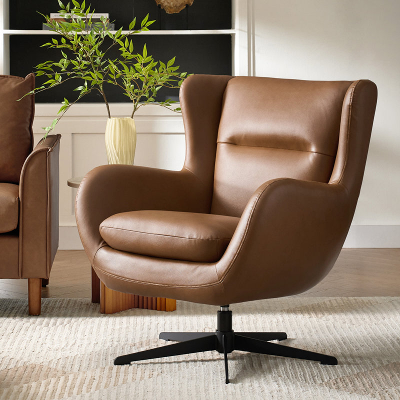 Arcana 29.5"W Modern Faux Leather Swivel Arm Chair with Wing Back, Camel