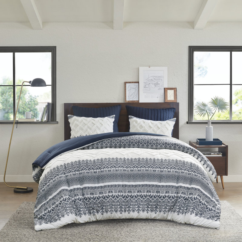 Mila 3 Piece Cotton Comforter Set with Chenille Tufting, Full / Queen Comforter + 2 Standard Shams, Navy