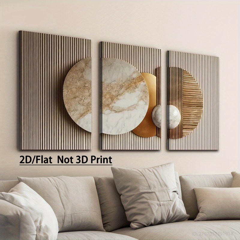 Impression sur toile 3 pièces à motif géométrique en marbre et grain de bois pour une ambiance texturée de salon