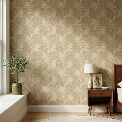 Taupe Botanical Floral Vine Wallpaper with Cream Linework Pattern