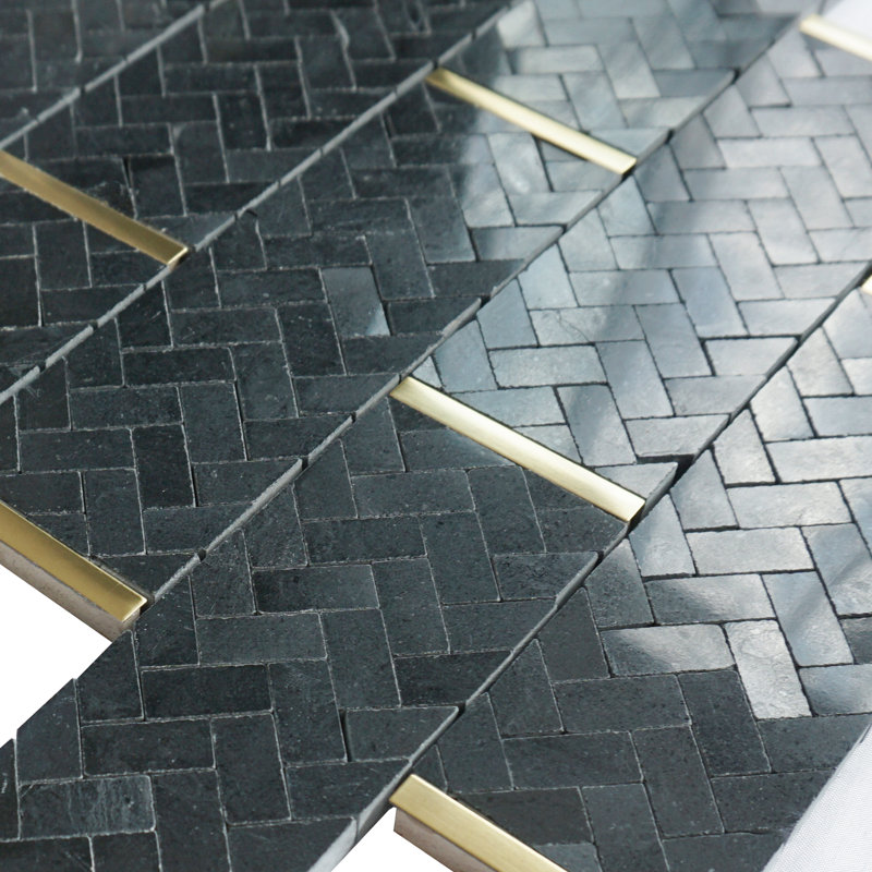 Natural 11.86 in. x 11.54 in. Brick Joint Polished Marble Mosaic Tile, Black/Gold