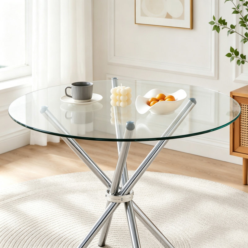 Table de salle à manger ronde en verre avec pieds en forme d'anneau, Argent / transparent