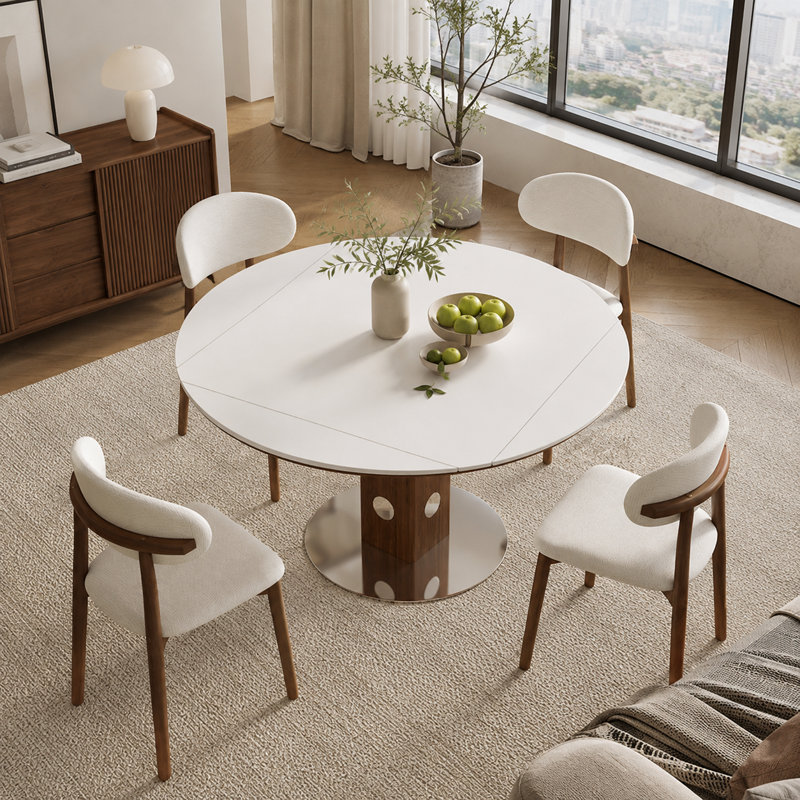 Table de salle à manger ronde extensible 47,2 pouces pour 4 à 6 personnes, table de cuisine pliante avec abattant, plateau en pierre frittée blanche, colonne en bois de noyer et base en métal pour petits appartements et salles à manger