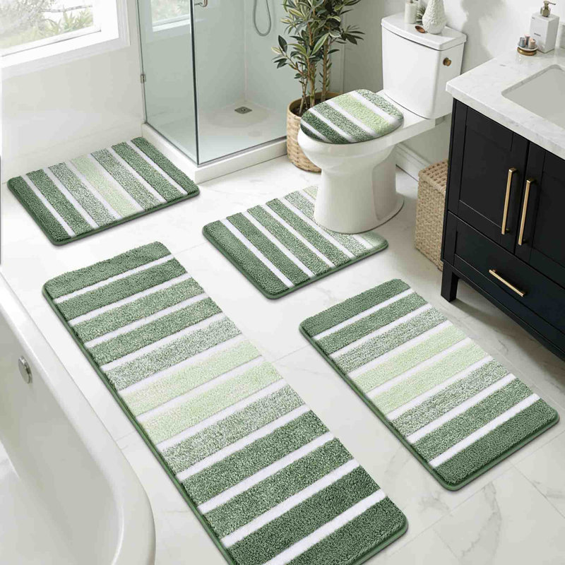 Ensemble de 5 tapis de bain lavables, antidérapants et rayés, Vert clair