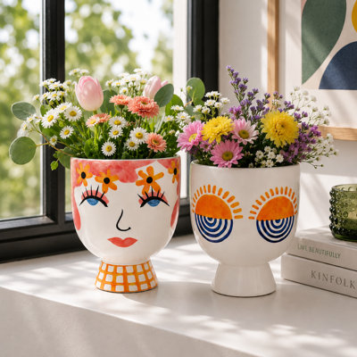 Ensemble de 2 jardinières décoratives en céramique sur pied avec des visages artistiques et des conceptions de soleil pour le décor du salon - pots de fleurs d'intérieur Boho pour la maison - 7 po