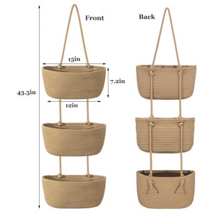 3 Tier Wall Mounted Woven Hanging Basket, Over the Door Hanging Basket with Hooks