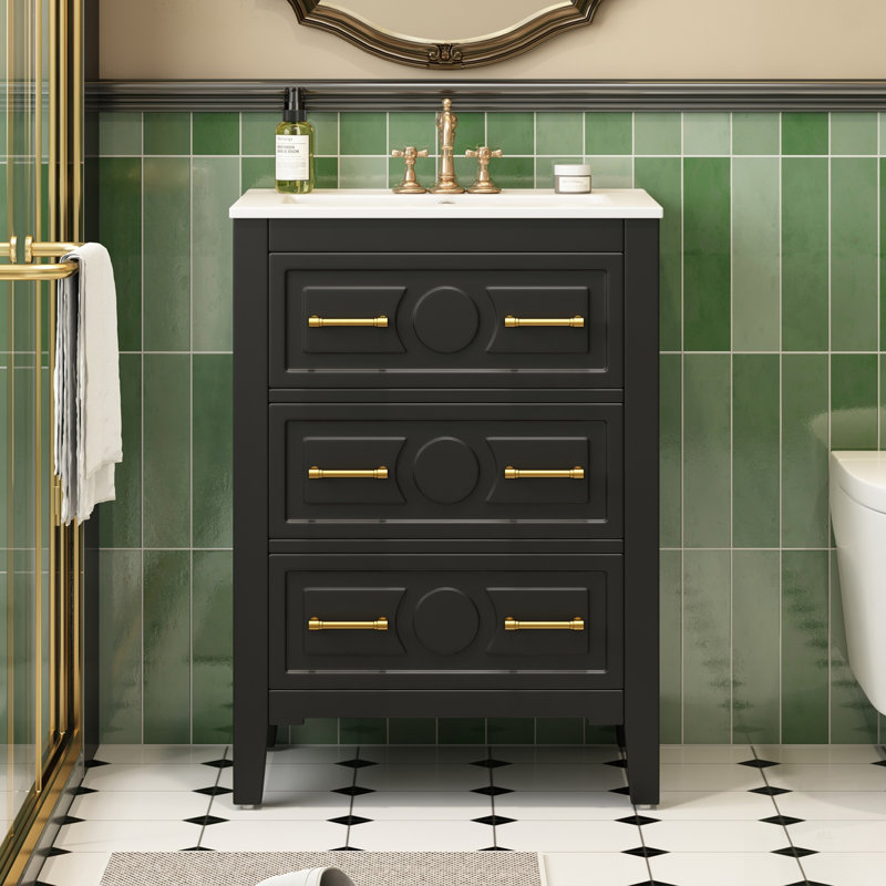 Meuble-lavabo autoportant avec lavabo en céramique, 3 tiroirs et structure en bois massif pour un rangement efficace et une conception moderne