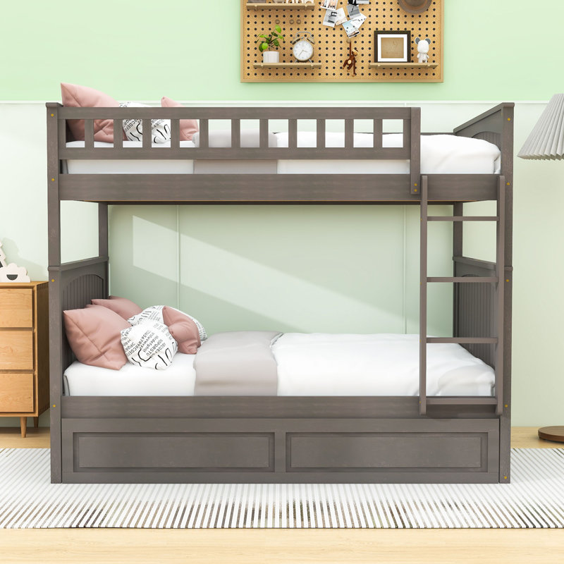 Lit double superposé au dessus d'un lit double avec gigogne simple, Gris brossé