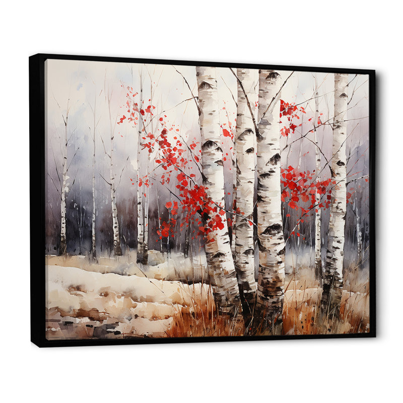 Bois de bouleau blanc et rouge en hiver III - Art mural bouleau, Cadre flottant noir, H 30 po x l 40 po x P 1,5 po