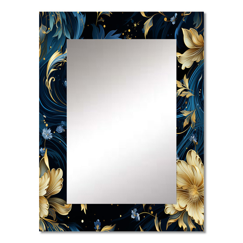 Tourbillon de damas bleu et jaune Delane - grand miroir damassé, décoration murale bohémienne et éclectique, 32 po x 24 po