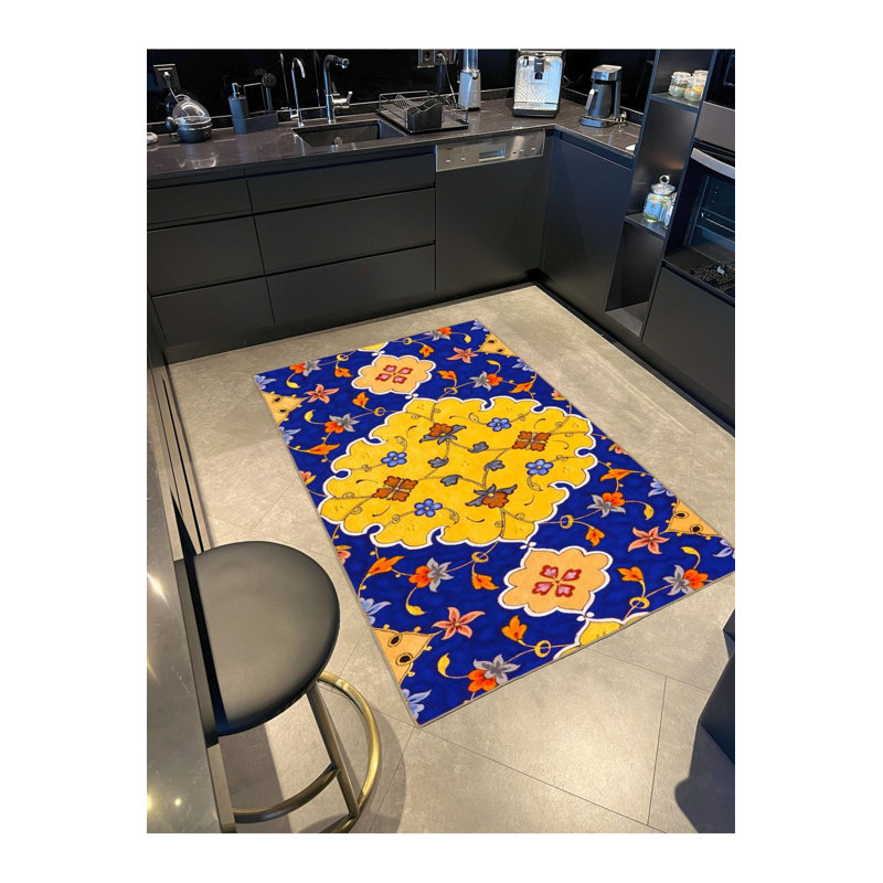 Tapis bleu tissé à motifs créatifs lavable à la machine, Carré 3 pi 3 po