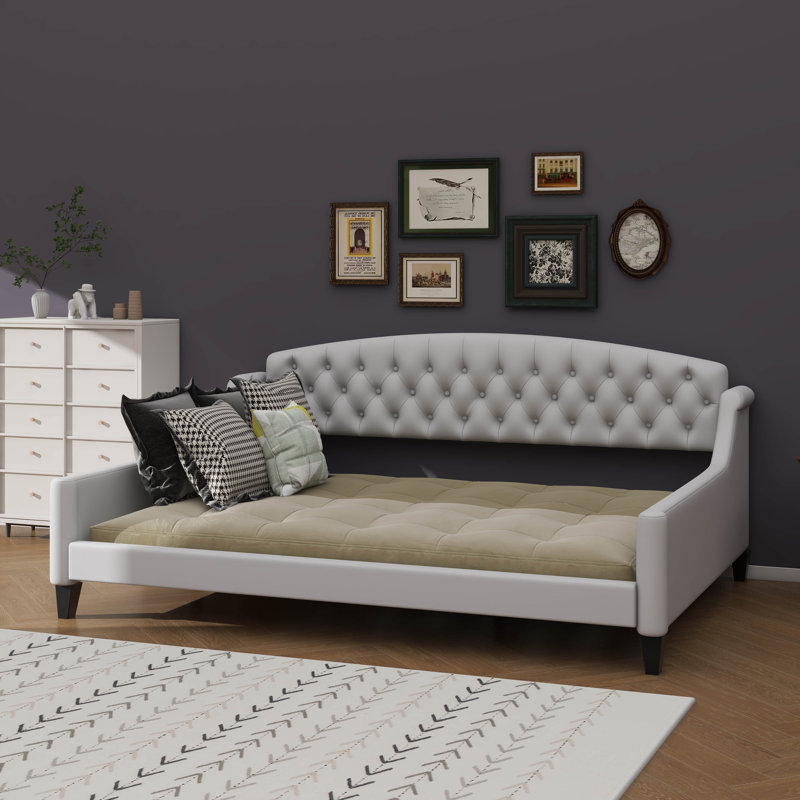 Elegant Modern Daybed Enhanced With Softly Tufted Button Details, Beige, Full