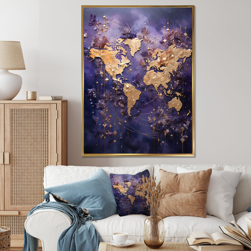 «Ethereal Lavender World Map I», reproduction sur toile, Cadre flottant doré, H 44 po x l 34 po x P 1,5 po