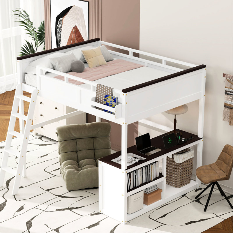 Grand lit mezzanine avec bureau, tablette ouverte et boîte de rangement, couleur blanche - peu encombrant, design, assemblage facile
