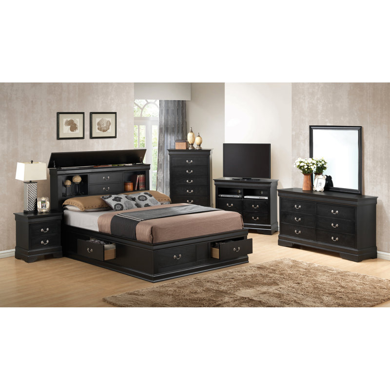 Grand lit de rangement traditionnel noir et élégant. H 49 po x l 67 po x P 87 po. Fabriqué avec des matériaux solides. Organise la chambre à coucher intégrée. Convient à tous les décors de style intemporel. H 49 po, l 67 po, matériaux fabriqués