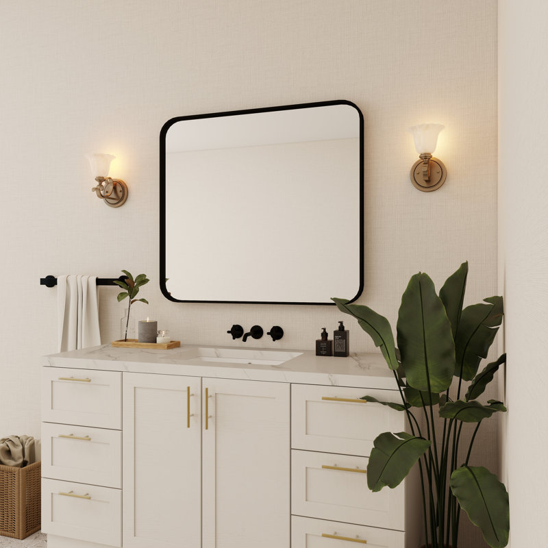 Élégant miroir encadré en aluminium avec coin arrondi pour une décoration intérieure élégante, 40 po x 36 po, Noir mat