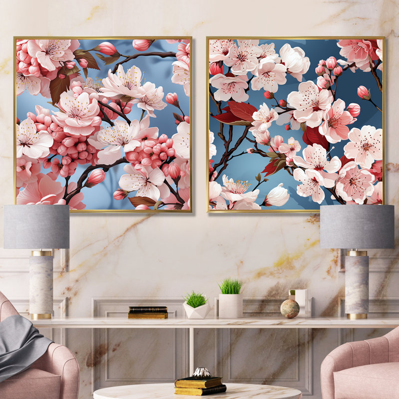 Joliette - Ensemble de 2 impressions sur toile florales, Encadrement doré, H 30 po x l 61 po x P 1 po