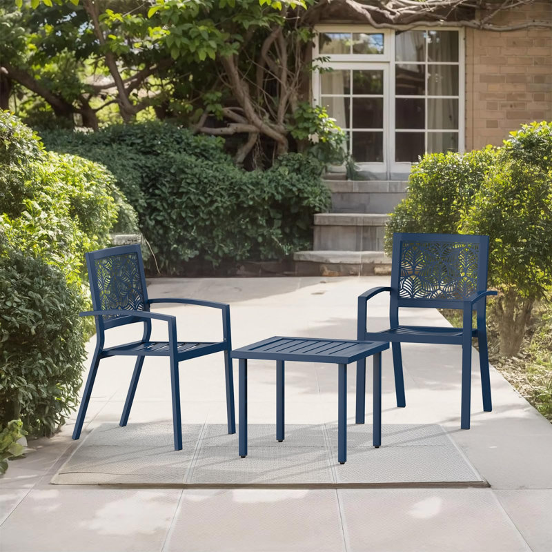 3 Piece Patio Bistro Set, Outdoor Steel Furniture Set, Stackable Modern Conversation Sets For Balcony Garden Deck Patio W/2 Chairs 1 Table, Peacock Blue