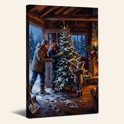Famille, arbre de décoration sur toile de Noël chalet rustique