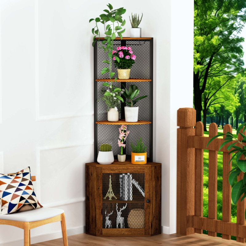 Corner Shelf With Doors, Corner Cabinet With Shelves & Wine Glass Rack, 6 Tier Bookshelf Display Corner Shelves, Freestanding Corner Storage Stand For Kitchen, Living Room, Balcony