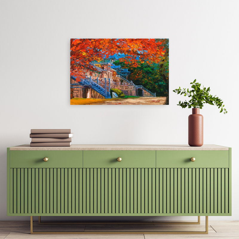 «Vibrant Autumn Temple», art paisible d'automne coloré, architecture paisible, 16" H x 24" W