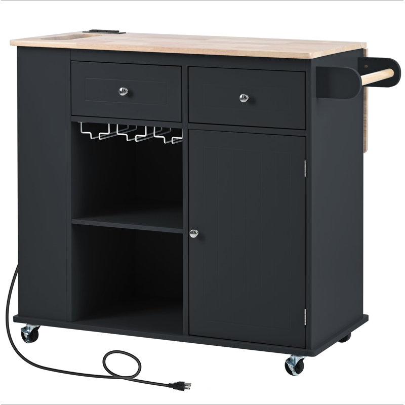 Kitchen Island With Power Outlet,Kitchen Storage Island With Drop Leaf And Rubber Wood,Open Storage And Wine Rack,5 Wheels,With Adjustable Storage For Home, Kitchen, And Dining Room