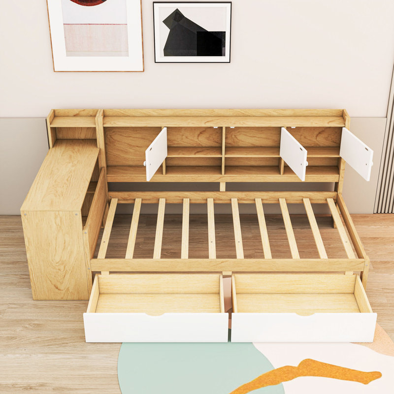 Lit de jour en L en bois avec tiroirs de rangement, tablettes et bureau, Blanc naturel, Simple
