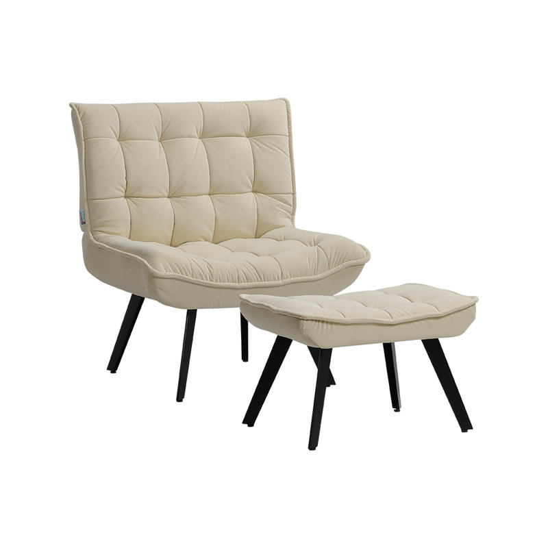 Bayaud Velvet Accent Chair with Footstool, Beige
