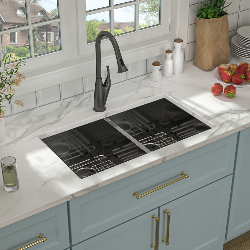 33" L x 19" W Undermount Double Bowl 50/50 Kitchen Sink Gunmetal Black 16 Gauge Stainless Steel Sink