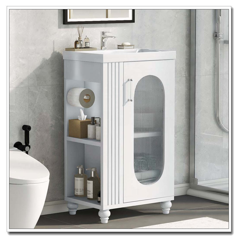 Meuble-lavabo moderne de 20 pouces avec lavabo en céramique et tablettes latérales, Blanc