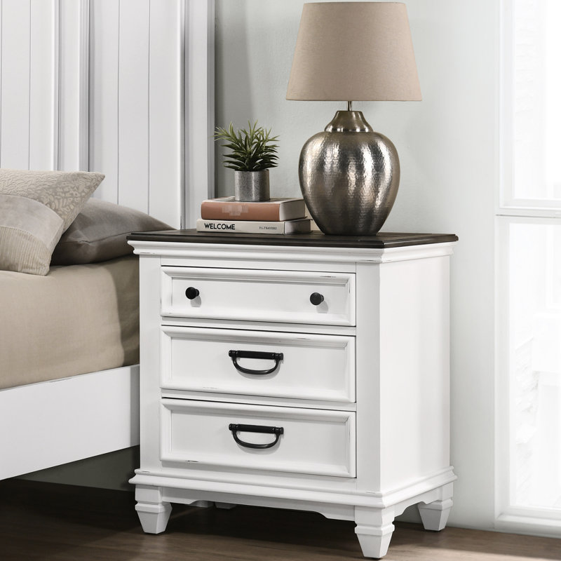 Table de chevet de la chambre à coucher 3 au fini blanc vieilli et gris avec 3 tiroirs - Organisation