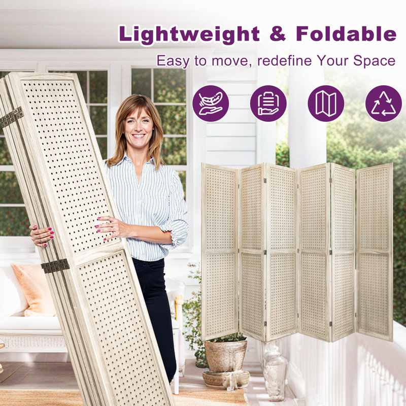 Osparple Room Divider 6 Panel 5.6FT Partition Room Dividers Freestanding Peg Board Room Divider Wooden Privacy Screen With Peg Board