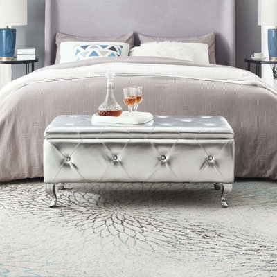 Luxury American Design Silver Faux Leather Bench With Storage And Crystal Buttons For Bedroom Bathroom - Construction, Large Capacity Exquisitely Crafted Living Room Strong Metal Legs, Soft Velvet