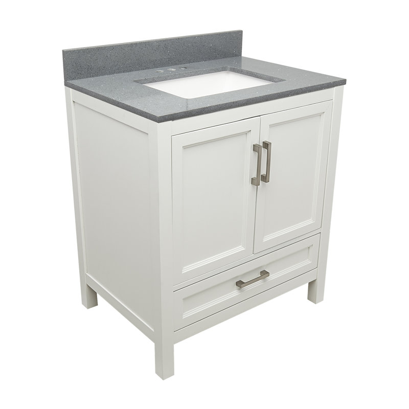 Haleyann 31'' Single Bathroom Vanity with Engineered Quartz Top, Galaxy Gray, White