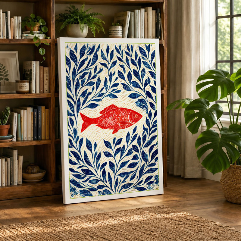 Red Fish In Leaves Mid-Century - Print, 24x16 - 61.0 x 40.6 cm, Teal Border