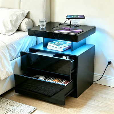 Table de chevet 2 tiroirs Chappa avec station de charge sans fil et lumières DEL intelligentes