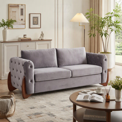 Canapé classique en velours de 84 po avec capitonnage à boutons, pieds en bois courbés, accoudoirs courbés élégants, deux coussins de dossier et deux coussins de siège pour le salon
