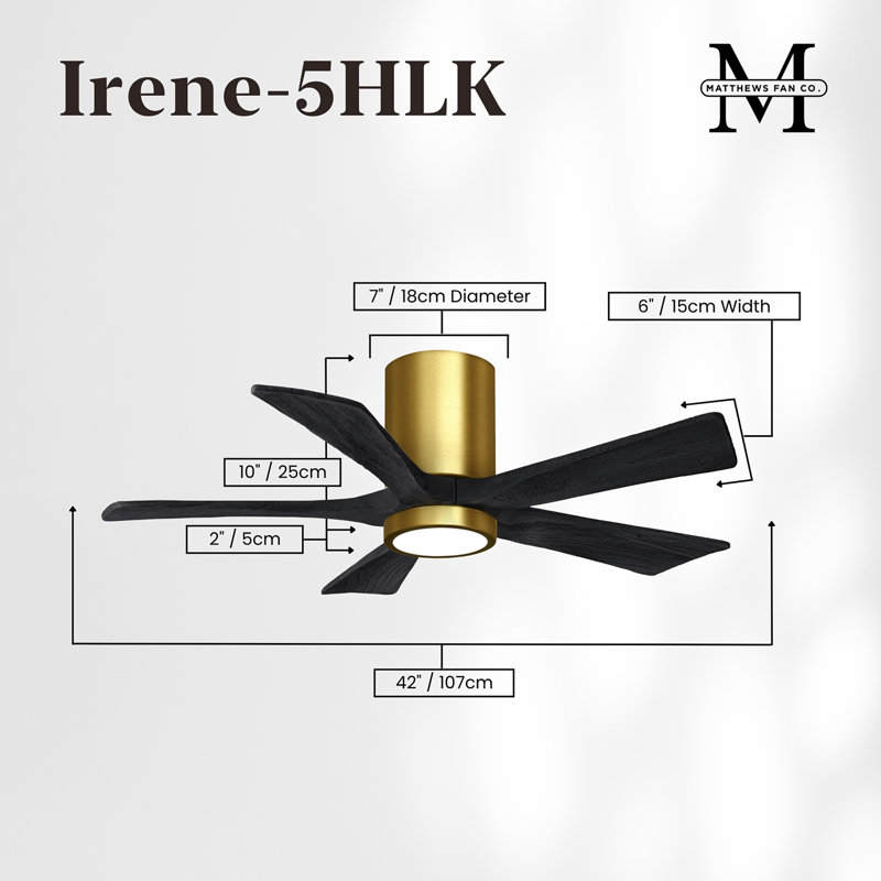 Irene Flushmount Light Kit 5 Blade LED Ceiling Fan, Matte Black, Brushed Brass, 42"