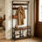 Coat Rack with Shoe Bench, 3-in-1 Industrial Hall Tree with Storage Bench and 9 Hanging Hooks, 3-Tier Wood Look Entryway Bench with Metal Frame and Adjustable Foot Pads for Hallway, Apartment, Dorm, Brown
