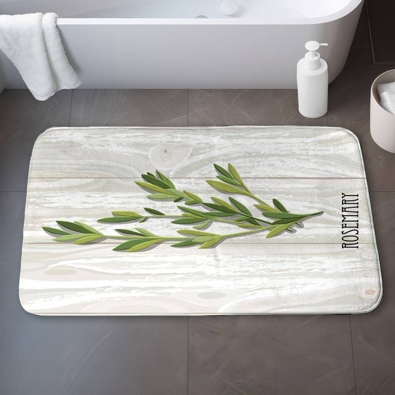 Rosemary on wood Bath Mat with Non-Slip Backing - Quick Dry Memory Foam Bathroom Rug - Absorbent - Modern Plush Spa-Style - Machine Washable