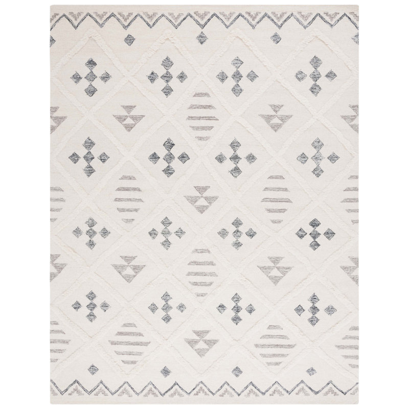 Azaruddin Hand Tufted Wool/Cotton Geometric Rug in Ivory/Black, Rectangle 8' x 10'