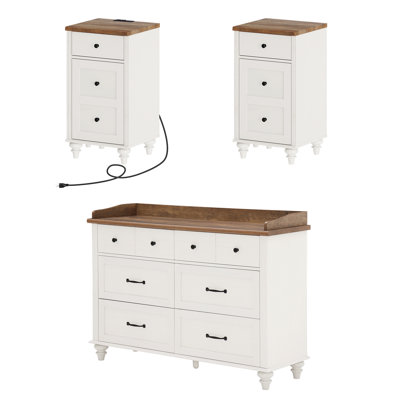 3 Piece Bedroom Set - Includes Mid Century 6 Drawer Dresser, Set Of 2 Bedside Tables With Charging Station, 3 Piece Dresser And Nightstand Sets, by August Grove