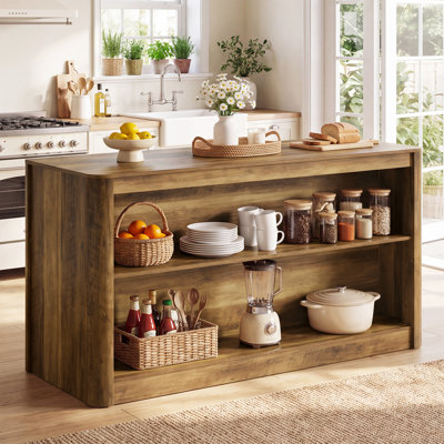 Îlot de cuisine 59,1 pouces avec rangement ouvert, table d'îlot stationnaire en bois rustique à 3 niveaux